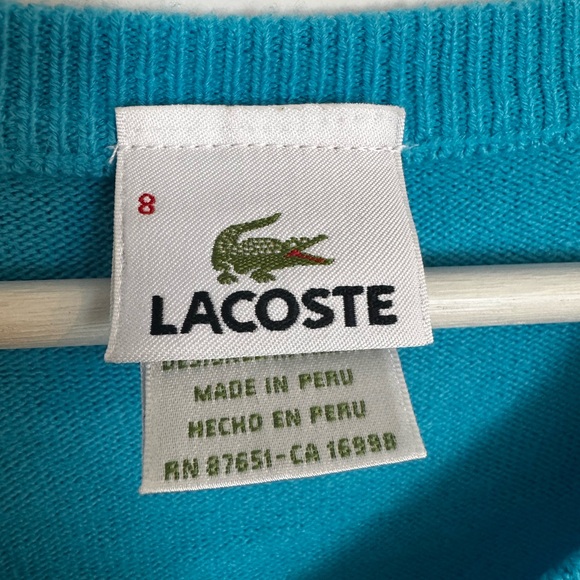 LACOSTE V-Neck Cotton Knit Sweater Blue Teal Size 8 (3XL) - Picture 13 of 15